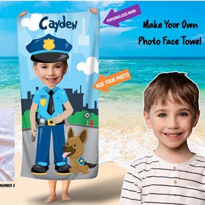Policeman photo towels/Kids personalized Photo Face beach towel/custom photo face towels/Police beach towels/boys towel/Free Shipping