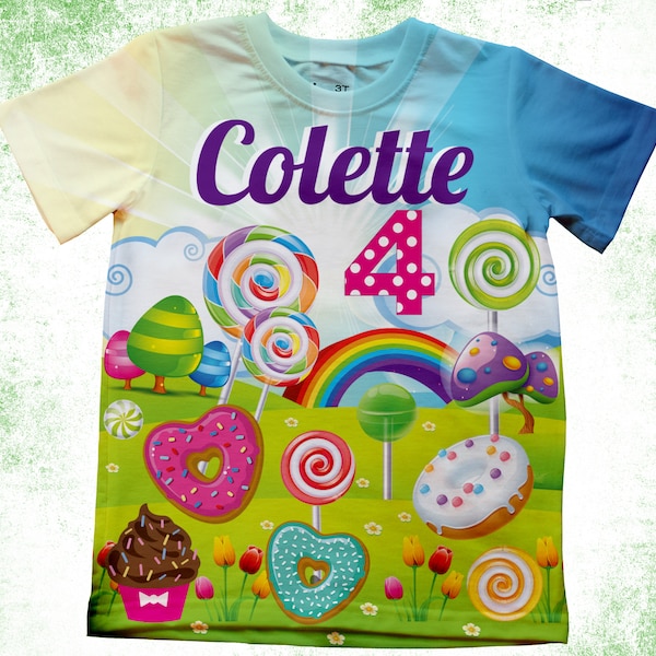 Chemise d’anniversaire Candyland/T-shirts personnalisés sur le thème arc-en-ciel Donut Party/Chemises d’anniversaire pour filles/Onesie®,Jeunes et adultes /Candyland Party