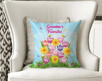 Grandma Favorites, Personalized Grandma Tulips Pillow, Personalized Nana Sofa Pillow, Grandma Gifts From Grandkids, Kids Names on pillow