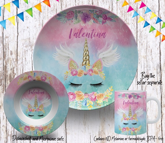 Magical Unicorn Plate/Custom Plate for Kids/ Girls Unicorn Dinnerware/Custom Kids Tableware/ Microwave Safe,Plate, Bowl, Mug Il_570xn