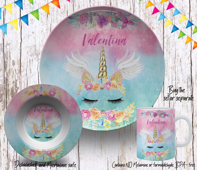 Magical Unicorn Plate/Custom Plate for Kids/ Girls Unicorn Dinnerware/Custom Kids Tableware/ Microwave Safe,Plate, Bowl, Mug image 1