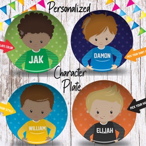 May include: Four personalized character plates with different colored backgrounds and designs. The plates feature cartoon boys with different hair colors and names: Jak, Damon, William, and Elijah.
