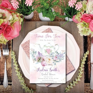 Tea Party Shower Invitation/Editable Time For Tea Bridal Shower invite/Tea Party Wedding Shower/ Floral Pink Gold Blush/Corjl Printable