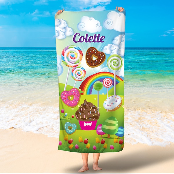Candy land personalized towel/Kids beach towel/Girls candy beach towels/Girls rainbow bath towels/Cupcake girls towels/Free Shipping