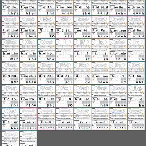 May include: A worksheet with a colorful border and a variety of words with missing letters. The words are organized into columns and rows, and each word has a blank space where the missing letter should be. The worksheet is designed to help children learn to spell and read.