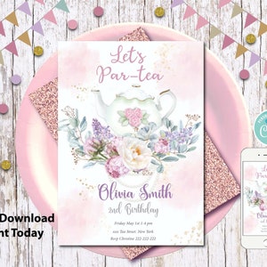 Tea Party Birthday Invitation/Tea Party Invite Template/Rose Gold Floral Par-Tea Birthday Invite/Editable Whimsical Tea Party Decor/Shower
