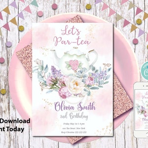 Tea Party Birthday Invitation/Tea Party Invite Template/Rose Gold Floral Par-Tea Birthday Invite/Editable Whimsical Tea Party Decor/Shower image 1