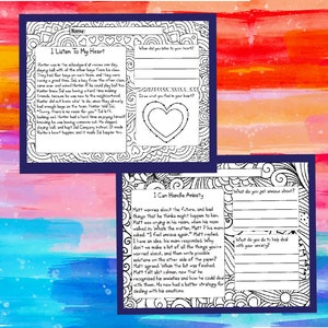 May include: Black and white printable worksheets for children to help them learn about listening to their heart and handling anxiety. The worksheets include prompts for writing and drawing.