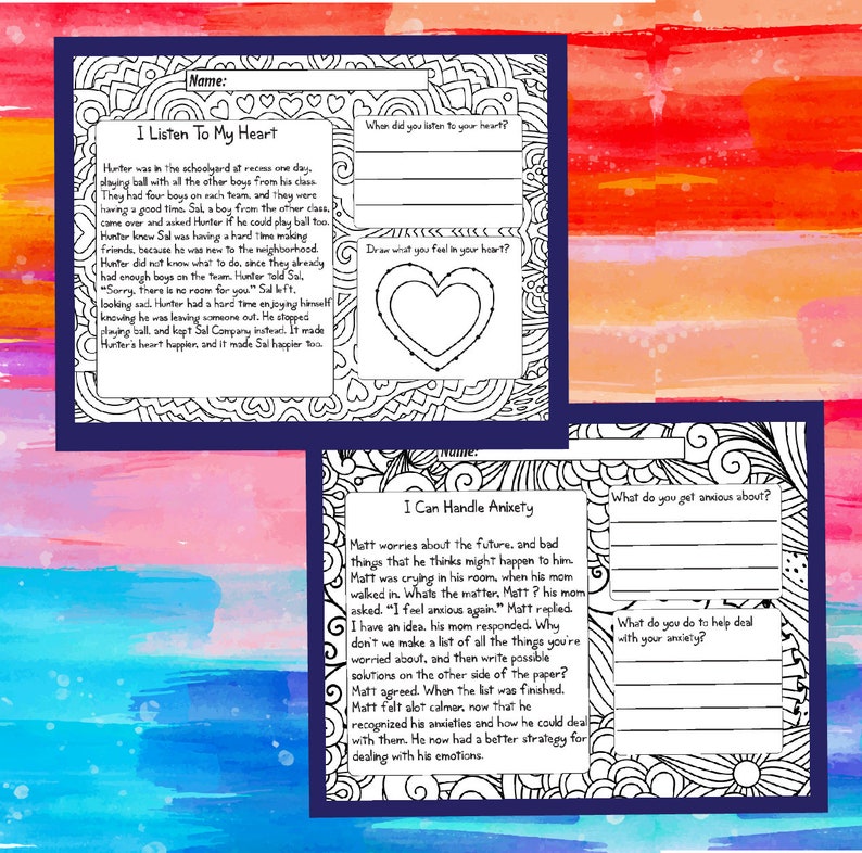May include: Black and white printable worksheets for children to help them learn about listening to their heart and handling anxiety. The worksheets include prompts for writing and drawing.