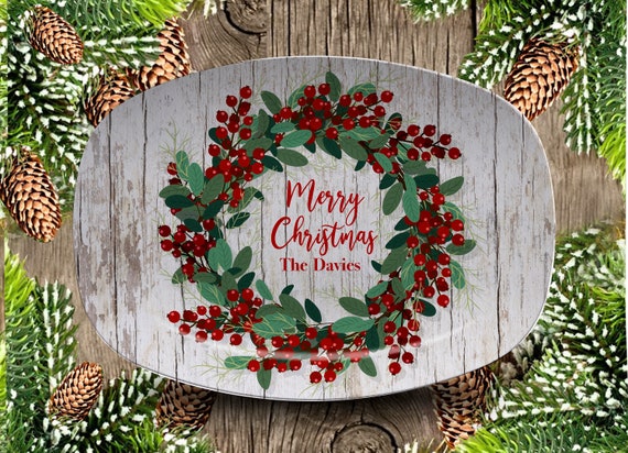 Merry Christmas Platter Xmas Wreath Christmas Plate Personalized Xmas Platter Holiday Family Platter Family Name Christmas Tray Etsy