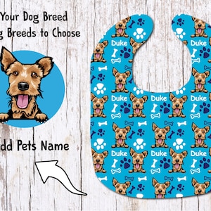 Dog Breed Baby Bib/Baby Shower Gift/Dog Bone Dog Bib/Custom Dog Bib/Personalized Dog Name bib/Baby Gift/Custom Pet Baby bib