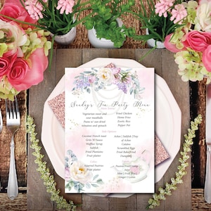 Teeparty-Menü / bearbeitbare Zeit für Tee-Menü / Teeparty-Hochzeitsparty / Floral Pink Gold Blush / Corjl Printable / Brautmenü / Party-Menü