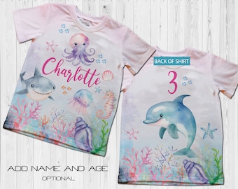 Camisetas de niñas bajo el tiburón marino/Tema de cumpleaños del océano/Fiesta de criaturas marinas/Cumpleaños familiar del acuario marino/Camisa de cumpleaños del mar/ Regalo de fiesta en el océano