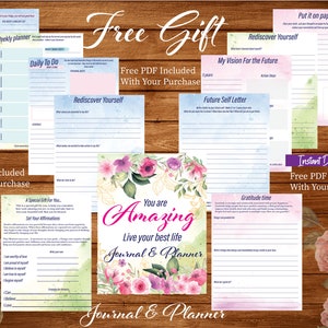 May include: A printable journal and planner with a floral design. The cover features the text "You are Amazing Live your best life Journal & Planner". The pages include prompts for self-reflection, goal setting, and gratitude.