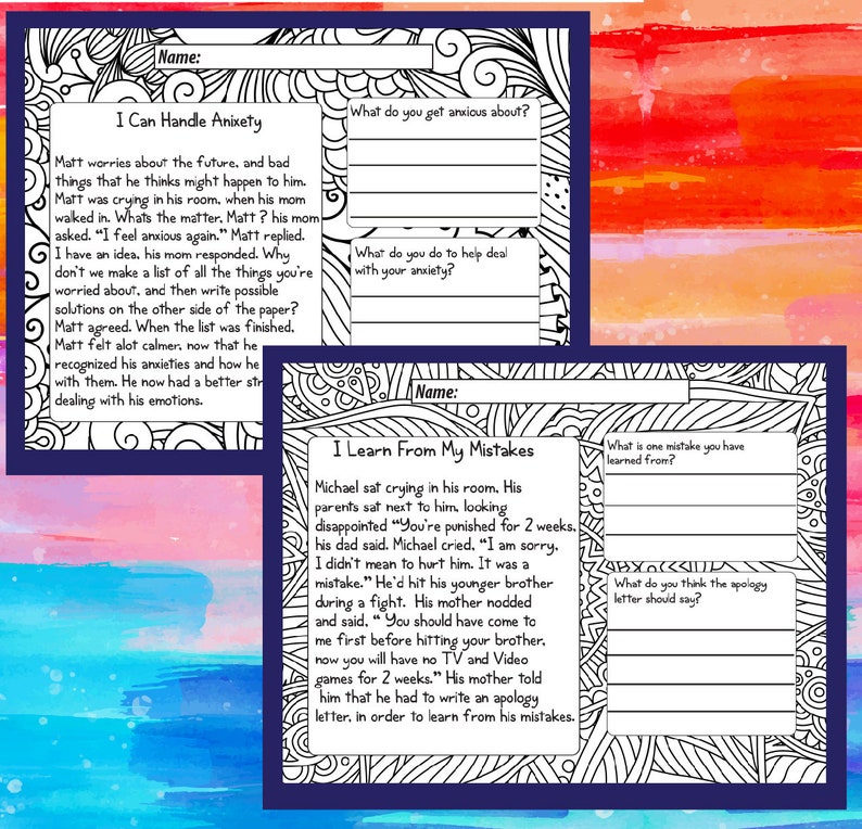 May include: Black and white printable worksheet with a title "I Can Handle Anxiety" and a title "I Learn From My Mistakes". The worksheet includes prompts for children to write about their anxieties and how they deal with them. The worksheet also includes prompts for children to write about a mistake they made and how they learned from it.