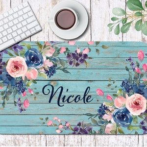Personalized Desk Mat, Custom Desk Pad, Personalized Desk Cushion Pad, Monogrammed Desk Blotter Mat, Mouse Pad, Blue Vintage Wood