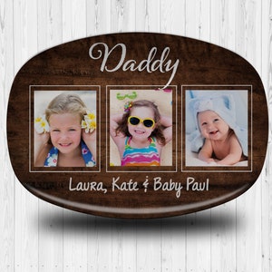 Photo Platter For Dads, Dark Walnut Faux Wood, Fathers Day Gifts, 3 Photo Serving Platter, Personalized Mens Gifts, Grandparents Gifts