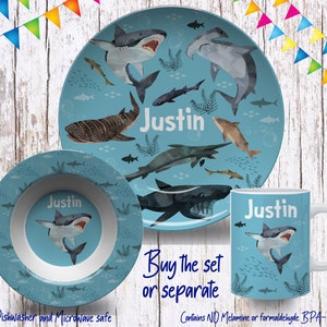 Shark Children&#39;s Plates, Personalized Plate, Bowl, Mug & Placemat, Under The Sea Custom Kid&#39;s Tableware/ Microwave Safe/ BPA Free,