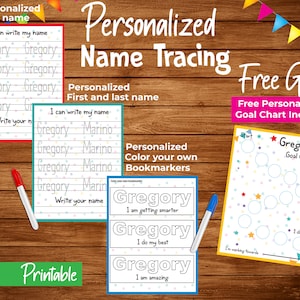 May include: Printable personalized name tracing worksheets for kids featuring the name Gregory. The worksheets include lines for tracing the name, a goal chart, and bookmarks with positive affirmations. The worksheets are on a woodgrain background with colorful flags and stars.