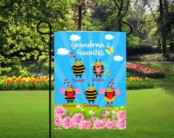 Personalized grandma garden flags, cute bees garden flag, grandkids names on flags, grandma favorites garden flag, maw maw blessings