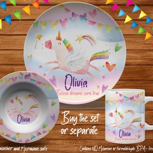 Unicorn Children&#39;s Plate, Personalized Plate, Bowl, Mug & Placemat, Believe you can Custom Kid&#39;s Tableware, Girls Plates, Kids Plate Set