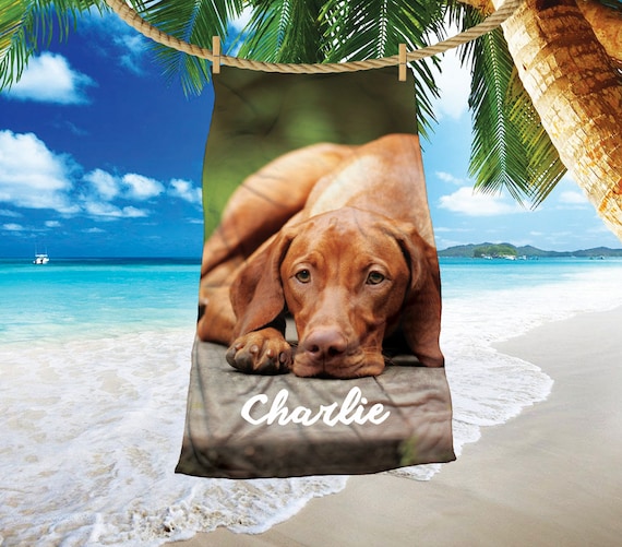 Photo beach towel, Custom dog beach towel, photo beach towel, custom photo with names, by Purple