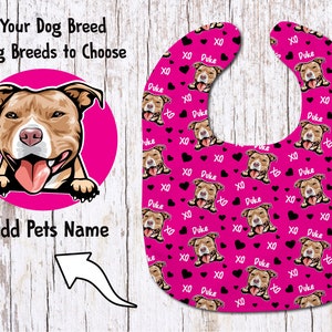 Your Dog Breed Baby Bib/Baby Shower Gift/XOXO Hearts Dog Bib/Custom Dog Bib/Personalized Dog Name bib/Baby Gift/Custom Pet Baby bib