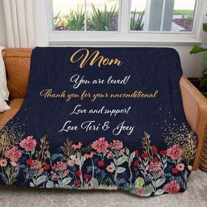 Mom you are loved Blanket, Mothers Day Blankets, Navy Blanket with gold flowers , Floral Blanket For Mom. Gifts From Kids, Mom Blanket