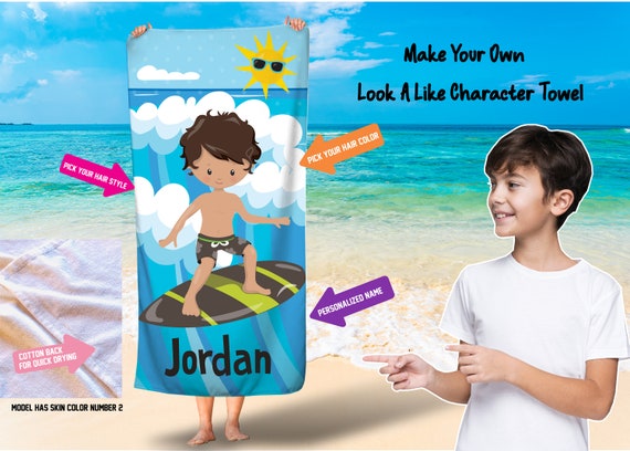 Boys surfing towel/Kids personalized beach towel/Character face towels/Avatar custom towels/Look a like beach towels/Free Shipping Il_570xn