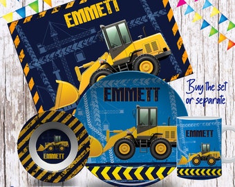 Construction Plate Set/Construction Dinnerware/Custom Kids Tableware/ Trucks Plate set/Microwave Safe,Plate, Mug/Dump Truck Birthday