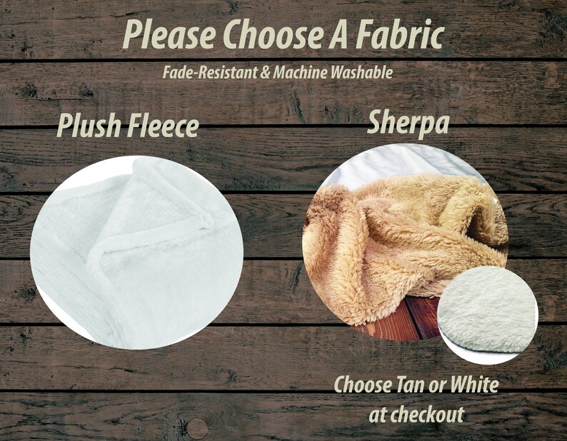 May include: Two fabric swatches for blankets. The left swatch is a light blue plush fleece. The right swatch is a tan sherpa fabric. The text "Please Choose A Fabric" is at the top of the image. The text "Fade-Resistant & Machine Washable" is below the title. The text "Plush Fleece" is above the left swatch. The text "Sherpa" is above the right swatch. The text "Choose Tan or White at checkout" is at the bottom of the image.