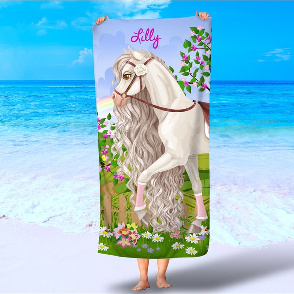 Personalized horse beach towel towel/Pony beach towel/Girls beach towels/Princess horse bath towels/horse theme towel/Free Shipping