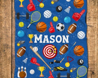 Sports Blanket/Multi Sports Blanket/Boys football, Hockey. baseball, personalized Blanket/boys blanket/Custom Name Blanket/Toddler blanket