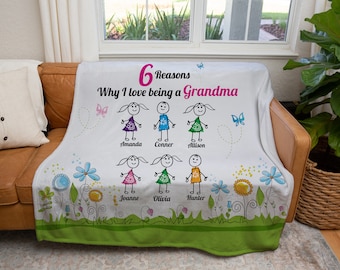 6 Reasons Why I Love Being A Grandma Blanket, Nana  Blankets, Stick Figure Blanket, Gifts From Kids to grandma, nana, gigi, maw