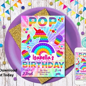 Editable Pop It Birthday Party Invitation/ Bubble Party Pop It Birthday/Pop It Birthday Party/Rainbow Fidget Toy Party/ SVG Pop It Party