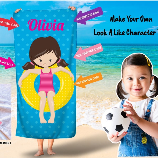Children's personalized beach towel/Character face towels/Avatar custom towels/Look a like beach towels/Girls beach towel/Free Shipping