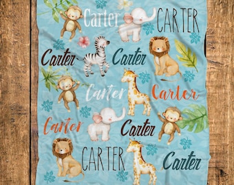Baby Boy Safari Blanket/Safari Baby Blanket/Boys animal personalized Blanket/Zoo animals boys blanket/Custom Name Blanket/Toddler blanket