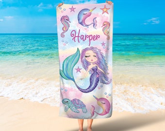 Personalized mermaid towel/Kids beach towel/Girls beach towels/Girls mermaid bath towels/Magical mermaid girls towels/Free Shipping