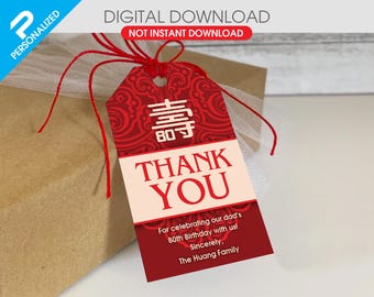 Etiquetas de regalo de cumpleaños chinas "Longevidad" (archivo PDF imprimible) (NO incluye artículo físico)