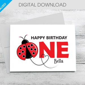 Cartão de primeiro aniversário personalizado com joaninha para menina (5x7)