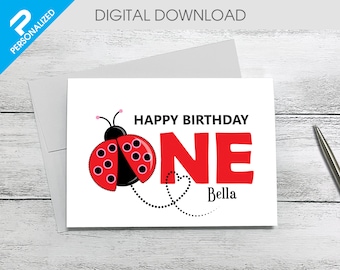 Tarjeta personalizada de primer cumpleaños con mariquita para niña (5x7)