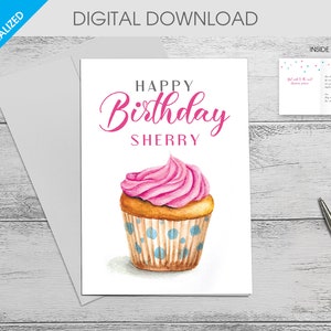 Personalized Birthday Card with watercolor Cupcake (5x7) | personalized name | PDF FILE