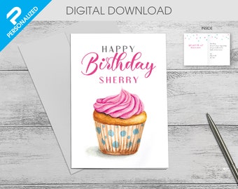 Tarjeta de cumpleaños personalizada con Cupcake de acuarela (5x7) / nombre personalizado / ARCHIVO PDF