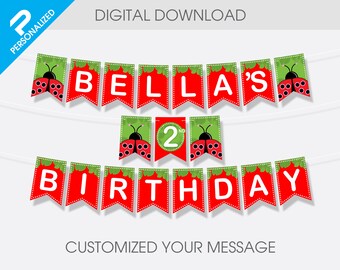 Lindo archivo PDF imprimible de la bandera del empavesado de la fiesta de cumpleaños de Ladybug (SIN elemento FÍSICO)