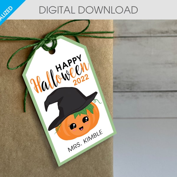 Cute Pumpkin Wearing a Witch Hat Halloween Gift Tag | Cute Pumpkin | Printable PDF file (1x3 inch) | For Favors | Appreciation Gifts