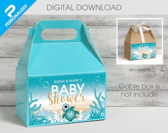 Etiqueta para Baby Shower Gable Box con Tortuga Marina (Archivo PDF imprimible)