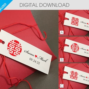 Etiqueta de favor de doble felicidad de boda china simple personalizada Archivo PDF imprimible (SIN elemento FÍSICO)