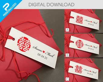 Etiqueta de favor de doble felicidad de boda china simple personalizada Archivo PDF imprimible (SIN elemento FÍSICO)