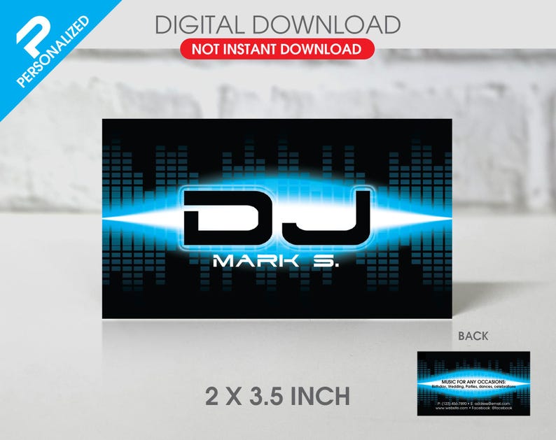 May include: A black and blue DJ business card with the text "DJ Mark S." and a stylized equalizer graphic. The back of the card has the text "Music for any occasion" and contact information.