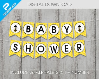 Bumble Bee Bunting Flags para cumpleaños y baby shower / 26 alfabeto / Número 1-9 / Más bandera / Archivo PDF imprimible (SIN elemento FÍSICO)